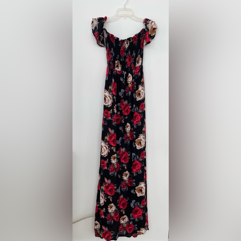 Windsor High-Low Floral Rose Off-the-Shoulder Maxi Dress, Size Small
